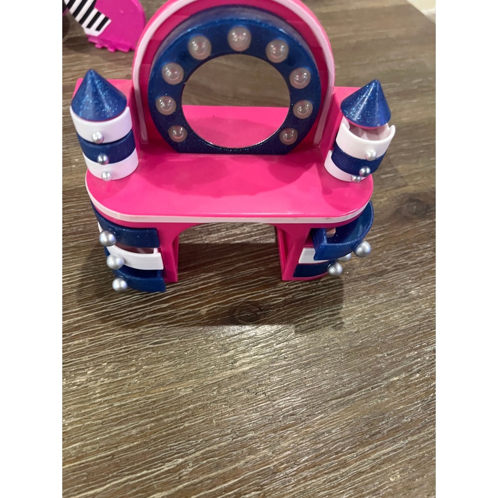 Barbie Pink Castle Vanity Doll Furniture Mirror Shelves Blue White Accents